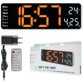 Hama Digitale Wanduhr groß (LED modern, Wanduhr Thermometer, Digital Uhr Wecker, Tisch Küche, Digitale Stoppuhr groß, Wand Fernbedienung, Wohnzimmer dimmbar