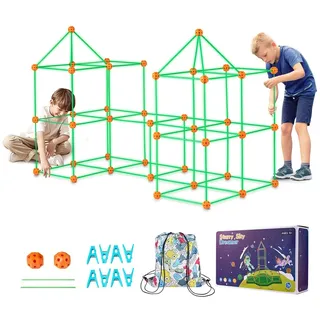 Vevor Festungsbausatz für Kinder, 140-teiliges im Dunkeln leuchtendes STEM-Bauspielzeug, pädagogisches Geschenk für 4 5 6 7 8+ Jahre alte Jungen und Mädchen, Spielzelt für drinnen und draußen, Konstruktionsspielzeug mit 96 Stäben und 44 Bällen