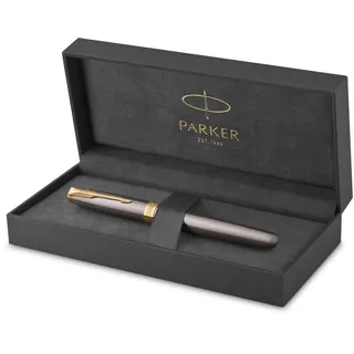 Parker Sonnet Füller | grau lackiert mit goldenen Zierteilen | Füllfederhalter mit feine Edelstahl-Schreibfeder | Tintenpatrone schwarz nachfüllen | Geschenkbox | perfekte Geschenke zum Schulabschluss