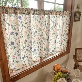 Devola Scheibengardinen Landhausstil Blumen Kurzgardine Blickdicht Bistrogardine mit Quasten Vintage Gardinen Landhaus, Kurz Vorhänge für Kleine Fenster HxB 45x90cm Blau 1 Stück