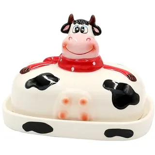 Dekohelden24 Keramik Butterdose / Butterbehälter in weiß - Kuh - Größe L/B/H: ca. 17 x 11,5 x 14 cm