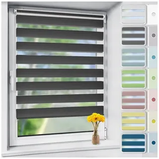 Doppelrollo rollos für Fenster ohne Bohren 130cm, OUBO, Lichtschutz, freihängend, mit Klemmträger, Klemmfix, livhtdurchlässig und verdunkelnd schwarz 35 cm x 130 cm