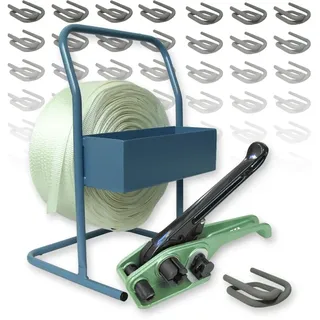 VEMATEC Umreifungsset gewebt HD 25 mm, 400 m Umreifungsband mit Bandspanner, Abroller und Drahtverschlussklemmen