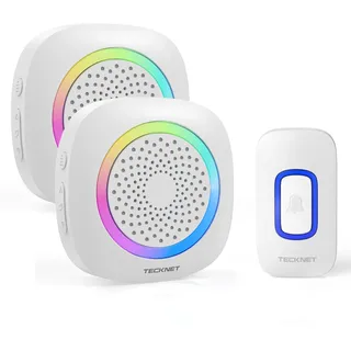 TECKNET Funkklingel, Funkklingel Aussen Wasserdicht 2 Empfänger Mit RGB Licht, 60 Melodien, IP66 Funk Klingel Set, 400m Kabellose Türklingel Batteriebetrieben Kit mit 4,5 Jahre Lebensdauer