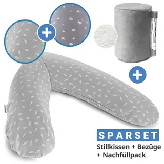 Theraline 4-tlg. Stillkissen Sparset Das Original 190 cm inkl. 2 Bezügen + Mikroperlen-Nachfüllpack 9,5 l - Leaves & Sternenhimmel