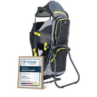 Dromader Kraxe Kindertrage bis 22kg - Baby Rückentrage Wandern mit Sonnendach Regenschutz - Babytrage Outdoor Trekking mit Thermotasche Wickelmatte - Einhändig klappbarer Aluminiumrahmen Schwarz Gelb