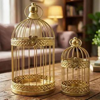 Vela Lanterns Vogelkäfig-Deko-Kerzenhalter, Deko-Laternen, goldfarben, 2 Stück