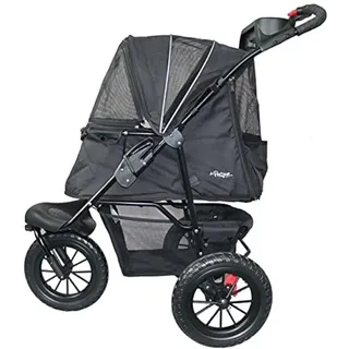 Petique Chinook Schwarz | Luxuriöser Hundebuggy | Vorder- und Hinterräder (30 cm) aus Eva für zusätzlichen | Komfort Reflektierendes Band Für Haustiere bis zu 23 kg
