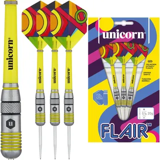 Unicorn Dartpfeile-Set | Flair 1 | 80% natürliche Wolfram-Barrels mit schwarzen & gelben Akzenten & lasergeätztem U-Logo | Stahlspitze | 20 g | Extra Flights & Schäfte