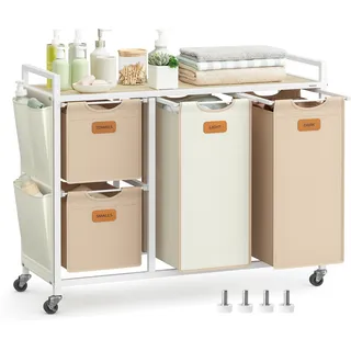VASAGLE Wäschekorb, 150 L, Spanholzplatte, Stoff, Stahl Beige, Karamell, Cremefarben