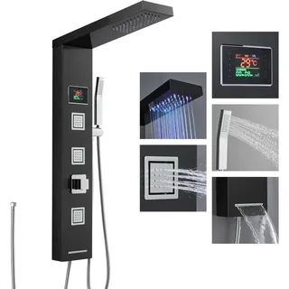 Duschpaneel Led Ohne Batterie Und Armatur, 5 -funktion: Led Regendusche, 3 Massagedüsen, Handbrause, Wanneneinlauf Und Temperaturanzeige, Schmal Duschsäule Aus Edelstahl, Schwarz - Rovogo
