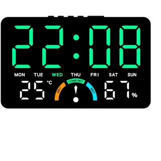 Große LED-Digitaluhr mit Anzeige für Zeit, led wanduhr, digital uhr, Luftfeuchtigkeit, Temperatur, Datum, Wecker und Komfortniveau, geeignet für Wandmontage oder flache Aufstellung (Grün)