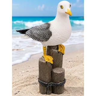 Pommerntraum ® | Gartendekoration Dekoration Wohndekoration Gartenfigur maritim Möwe Möve Vogel auf Poller (33 cm - XL)