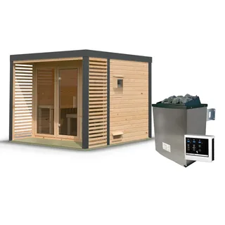 Karibu 38 mm Saunahaus Ares 3 Naturbelassen/Anthrazit inkl. 9 kW Ofen + ext. Steuerung