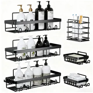 TGNISI Duschablage Ohne Bohren 6 Stuck, Stark Haftendes Duschregal,Badezimmer Regal mit Zahnpastahalter und Seifenhalter, Duschkorb, Shampoo Halterung fur Dusche, Badezimmer Organizer (Schwarz)