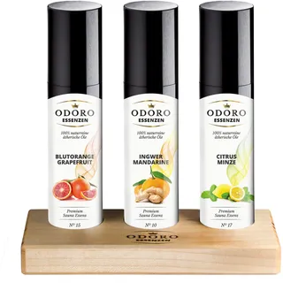 Saunaaufguss Duft Set mit Holz Aufsteller - 100% ätherische Öle – Blutorange, Ingwer Mandarine, Citrus Minze – Premium Aufguss Konzentrat Geschenkset – Natürliches Aufgussmittel
