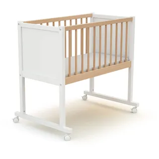 AT4 - Baby Wiege Bett Holz mit Rollen Confort 40 x 80 cm Weiß und lackierte Buche 40 x 80 cm | 86 x 58,5 x 80 cm | Babybett mit Matratze inklusive 40x80x5cm | 4 multidirektionale Räder