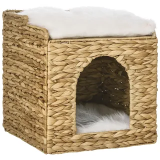 PawHut Rattan Katzenhaus, mit Kissen, und 2 Ebenen,