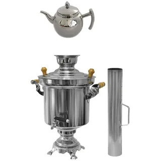 Russischer/Türkischer Holzkohle Samowar aus Edelstahl 5 Liter mit 1 Liter Design Teekanne