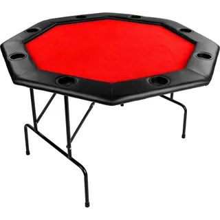 GAMES PLANET Faltbarer Pokertisch „Flush“ für bis zu 8 Spieler, achteckig, Maße 120x120 cm, MDF Platte, gepolsterte Armauflage, 8 Getränkehalter, Tuchfarbe rot