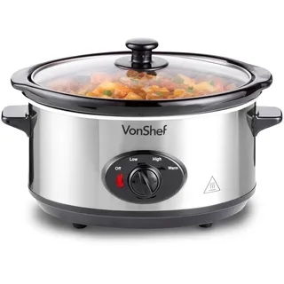 VonShef Schongarer Slow Cooker 3,5L mit Glasdeckel – Edelstahl