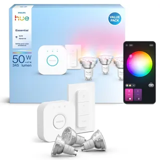 Philips Hue Essential Starter Kit Hue Bridge + 3 x Essential GU10 smarte Lampe + Dimmer Switch