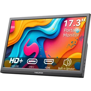 Thinlerian 17,3 Zoll Tragbar Monitor, 1600 x 900 HD Bildschirm mit USB-C und HDMI, Zwei Lautsprechern, als externes Display oder zweiter Bildschirm für Laptop, PC und Smartphone
