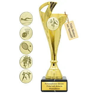Pokal mit Wunschtext – 22 cm - Gold, Silber, Bronze, SI-Blau & Go-Rot – inkl. Gravurschild und Emblem - Trophäe für Sport, Geburtstag, Firma, Schule, Kinderwettbewerb (Gold)