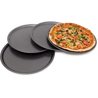 Relaxdays rundes Pizzablech, Backblech 4er Set, Backset aus beschichtetem Carbonstahl, Pizza & Flammkuchen, 33cm Ø, grau, 1.8 x 33 x 33 cm