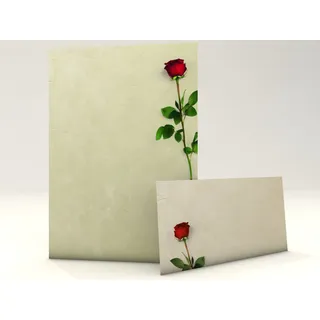 Briefpapier Komplettset mit Motiv Rote Rose 40 teilig inklusive 20 Blatt Briefpapier + 20 Umschläge DIN Lang