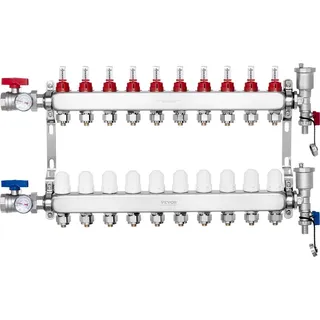 Vevor 10-Zweig-Wärmeverteilungsverteiler 1/2-Zoll-PEX-Rohrverteiler Edelstahl für hydronische Fußbodenheizung