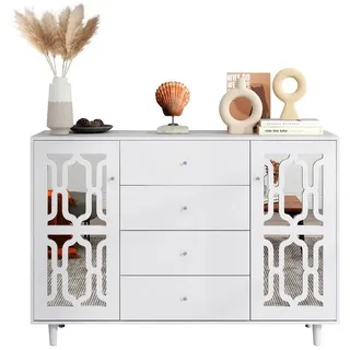 OKWISH Sideboard Küchenschrank, Anrichte (Weiß), verspiegelte Anrichte mit kühlen Kristallgriffen,für wohnzimmer weiß 147.5 cm x 102 cm x 40 cm