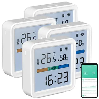 Luminea Home Control 4er-Set WLAN-Temperatur-und Luftfeuchtigkeitssensor, Datenlogger
