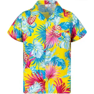 King Kameha Funky Hawaiihemd Kinder Jungen Mädchen Kurzarm Fronttasche Hawaii-Print Unisex Ananas Blätter Muster - 8 Jahre