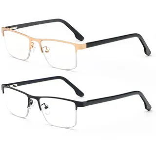 MMOWW 2er-Pack Lesebrille Herren Mit Blaulichtfilter, Rechteckige Halbrahmen Metall Lesebrillen Lesehilfe, Feder Scharnier Lesebrillen (Schwarz+Gold, +1,0)