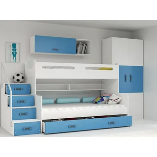 Interbeds Etagenbett Hochbett Stockbett mit Treppe und Stauraum Kinderbett Stauraumbett für Kinder und Jugendliche Bettgestell mit Lattenrost (weiß+blau)