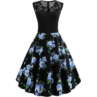 Axoe Damen 50er Jahre Rockabilly Kleid mit Blumenmuster Ärmellos, Farbe12, L (42 EU) - L