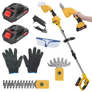 21V Akku-Heckenschere, 2-in-1 Teleskop-Strauchschere & Grasschere, Kabellose Elektrische Heckenschere mit Verlängerungsstiel, mit Akku und Ladegerät, Gartenwerkzeug für Heckenpflege (Gelb)
