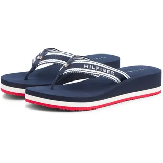Zehentrenner TOMMY HILFIGER "TH FLAG PRINT SUMMER SANDAL", Damen, Gr. 35, blau (dunkelblau, weiß, rot), Textil, Schuhe Zehentrenner, Keilabsatz, Plateau, Sommerschuh, Dianette mit gestreifter Bandage