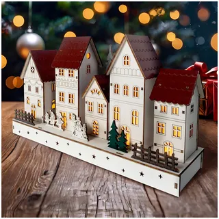 Hti-Living LED Holz Weihnachtsdorf mit Wintermotiv Batteriebetrieben