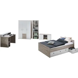 OTTO home Jugendzimmer-Set OTTO HOME "Jugendzimmer-Set »Rieke« 5-teilig", weiß (eiche, sand, nachbildung, weiß), ohne Matratze, B/H: 120cm x 200cm, Holzwerkstoff, Schlafzimmermöbel-Sets, Farblich abgestimmte Möbelserie
