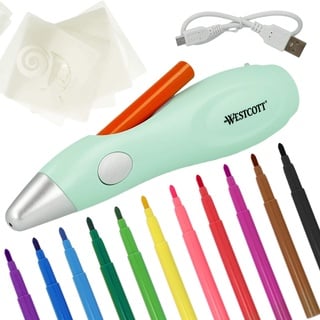 Westcott Elektrischer Farbsprühstift, Airbrush-Set für Kinder mit 12 Filzstiften & 19 Schablonen zum Malen & Zeichnen, mit Akku und USB-Kabel, grün, E-16800 00