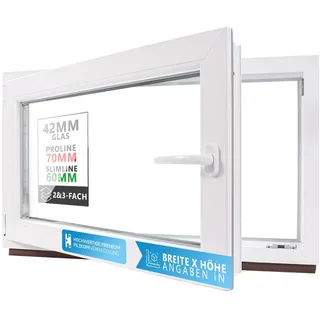 Kellerfenster Kunststofffenster weiß, BxH: 50 x 40 cm / 500 x 400 mm 2-fach Verglasung (32 mm) Dreh-Kipp inkl. Pilzkopfverriegelung, DIN Rechts (Griff Links), 60 mm Profil