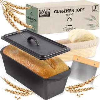 Chefarone Gusseisen Brotbackform mit Deckel - Backform für Brot und Kuchen inklusive Anleitung zum Anbrennen - Kastenform Backen Braten rechteckig - Gusseisen Topf Brot - 35 x 13,5 x 12,5 cm