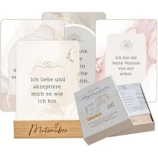 Mutzauber® 24 Affirmationskarten inkl. Geschenkbox + Holzaufsteller Motivationskarten Achtsamkeit für Erwachsene mit Schwerpunkt Selbstliebe & Selbstbewusstsein (Selbstliebe & Selbstakzeptanz)