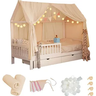 Home Deluxe Kinderbett Deko Set VELINDO Creme, inkl. Wimpelkette, Vorhang und LED Lichterkette I Kinderbett Deko, Kinderzimmer Dekoration