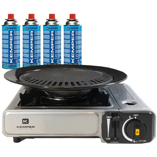 Kemper Gasgrill Grill 2in1 Piezo-Gaskocher 2200 W + 4 Butan-Gaskartuschen