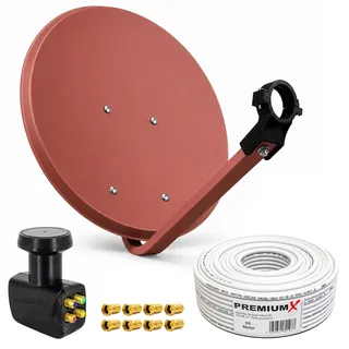 PremiumX Satelliten-Komplettanlage 80cm Satellitenschüssel Rot Aluminium Quad LNB 50m Kabel 8x F-Stecker, SAT bis 4 Teilnehmer