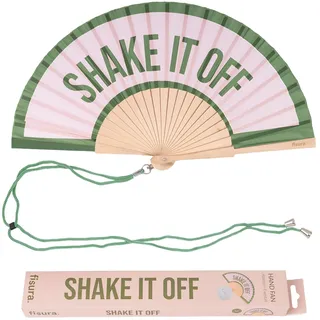 FISURA – Handfächer aus Holz mit der Aufschrift Shake it off“. Farbenfrohes, modernes Accessoire in Rosa und Grün, tragbarer Ventilator mit praktischem Aufhänger. Maße: 42,5 x 23 cm