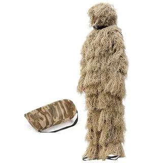Ghillie Suit Jagd Jacke, Leaf Ghillie Anzug, Woodland Camouflage Suit, Camouflage Kleidung, 3D Design für Jagd Angeln Tierbeobachtung Beige